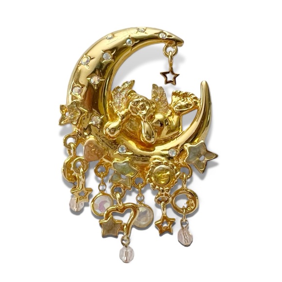 Vintage Kirks Folly Cherub Angel Bear Crescent Moon AB Crystal Dangle Brooch - Picture 1 of 4